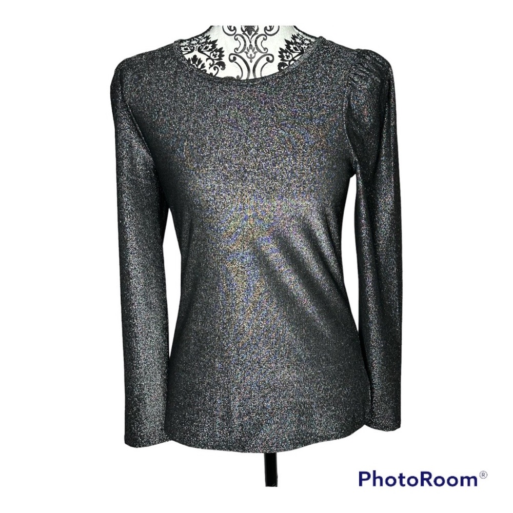 NWT Express Black and Silver Metallic Long Sleeve Back Keyhole Top Size Small